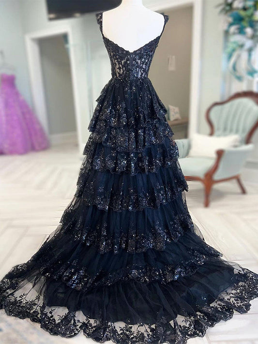 A-Line Sweetheart Neck Tulle Sequin Black Long Prom Dress, Sequin Black Long Formal Evening Dress