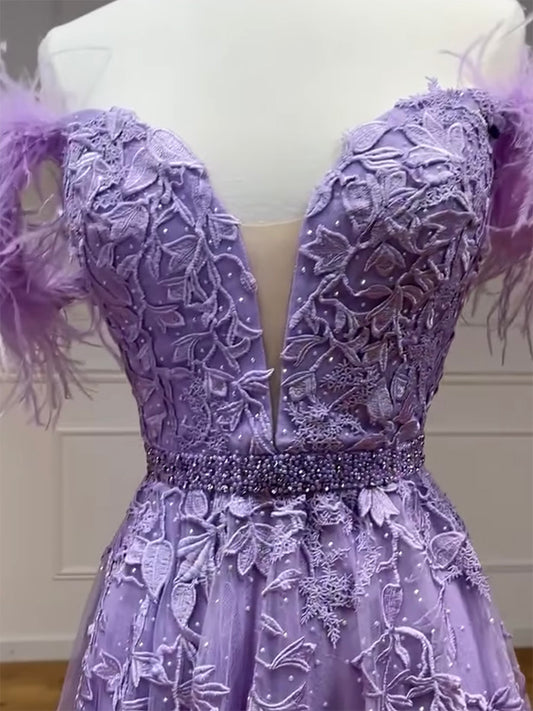 Purple Tulle Lace Long Prom Dress, Purple Tulle Formal Evening Dress