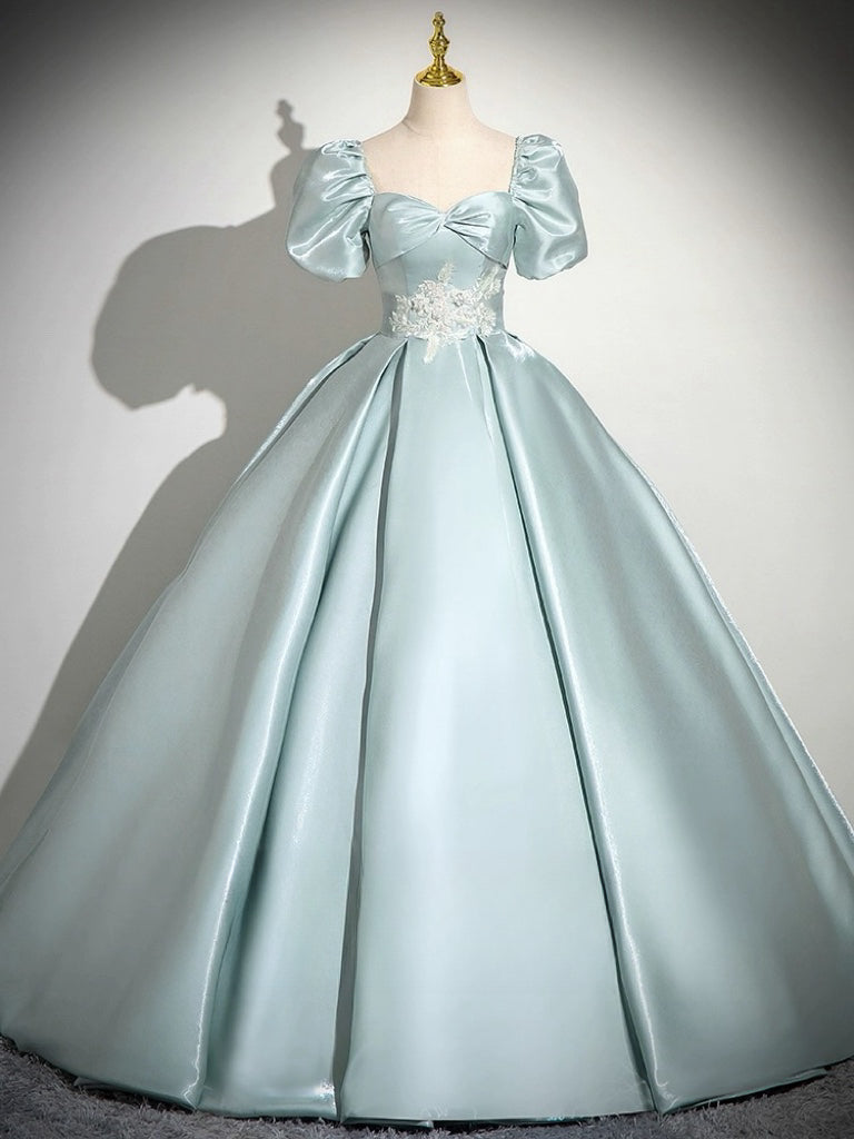 A-Line Sweetheart Neck Puff Sleeves Satin Blue Long Prom Dress, Blue L dresstby A-Line Sweetheart Neck Puff Sleeves Satin Blue Long Prom Dress, Blue L dresstby