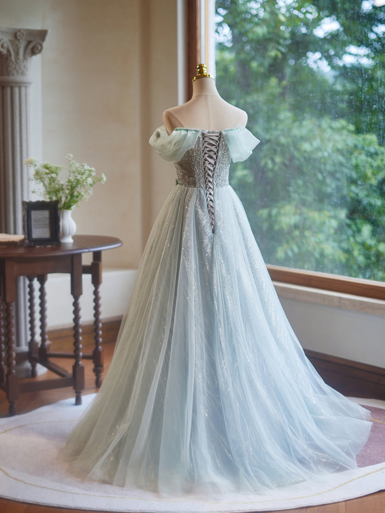A-Line Off Shoulder Tulle Lace Green Long Prom Dress, Green Long Formal Dress