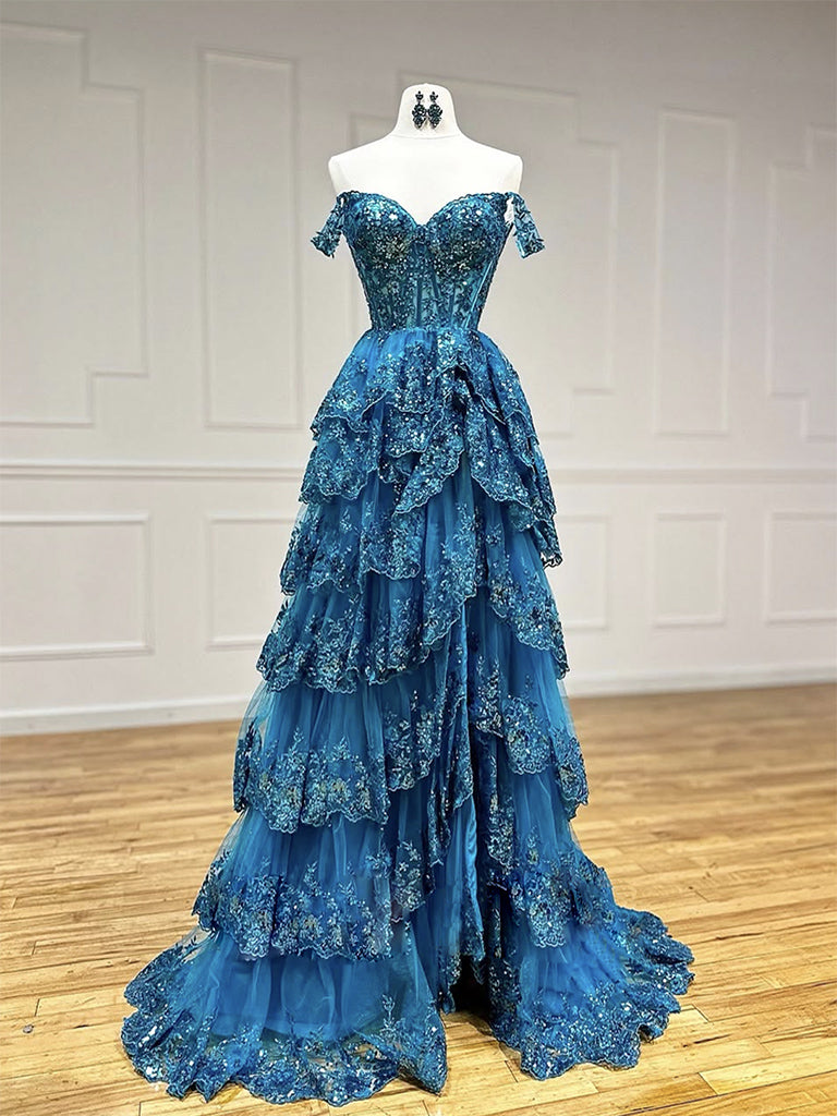 A-Line Tulle Sequin Blue Long Prom Dress, Blue Sequin Long Formal Dres dresstby A-Line Tulle Sequin Blue Long Prom Dress, Blue Sequin Long Formal Dres dresstby