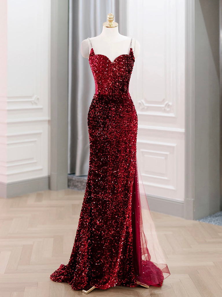 Mermaid Sweetheart Neck Sequin Burgundy Long Prom Dress, Burgundy Formal Dress