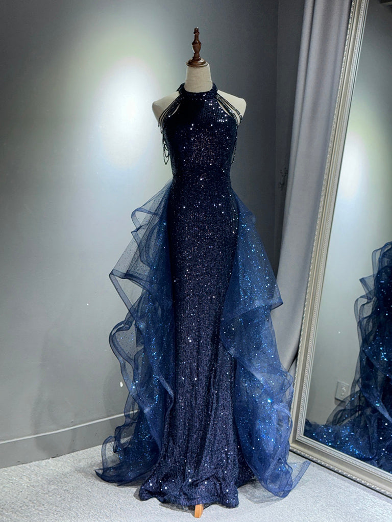 A-Line High Neck Tulle Sequin Dark Blue Long Prom Dress with Beads – dresstby