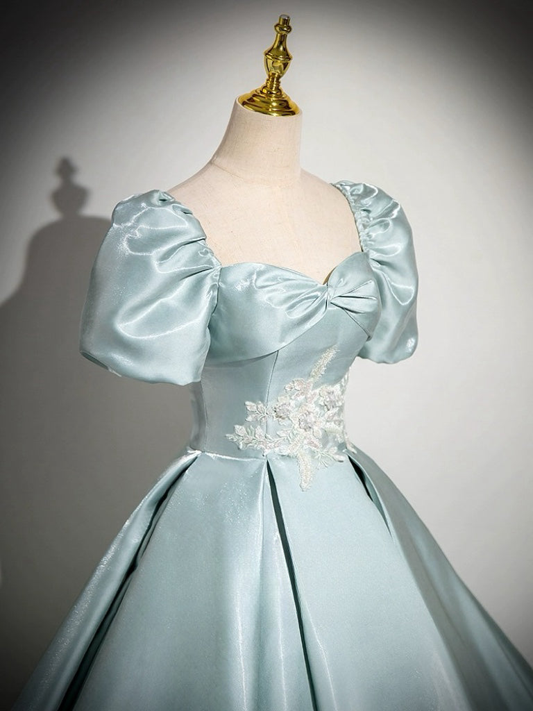 A-Line Sweetheart Neck Puff Sleeves Satin Blue Long Prom Dress, Blue Long Formal Dress