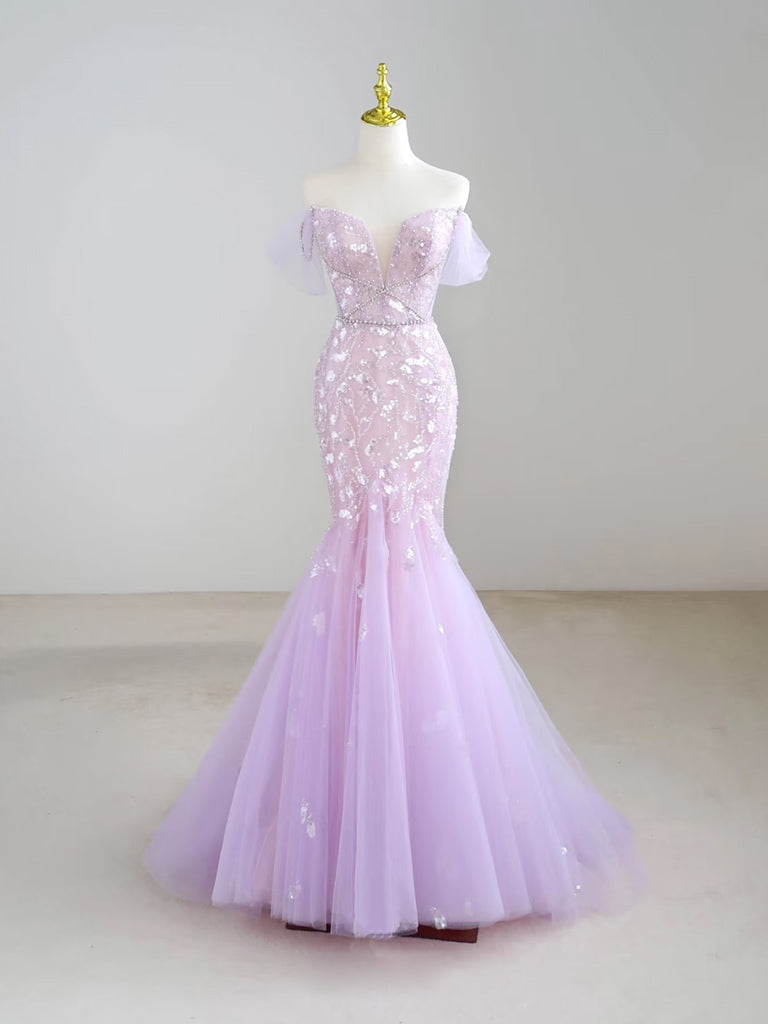 Mermaid Off Shoulder Sequin Tulle Purple Long Prom Dress, Purple Long Formal Dress