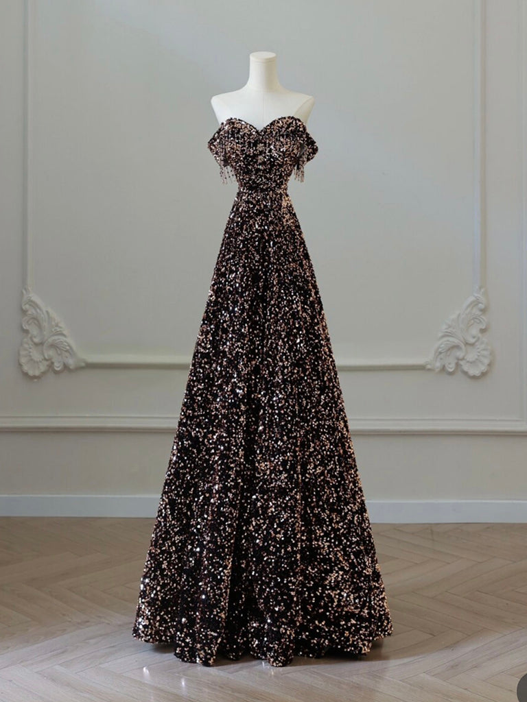 A-Line Off Shoulder Coffee Gold Sequin Long Prom Dress, Coffee Gold Fo dresstby A-Line Off Shoulder Coffee Gold Sequin Long Prom Dress, Coffee Gold Fo dresstby