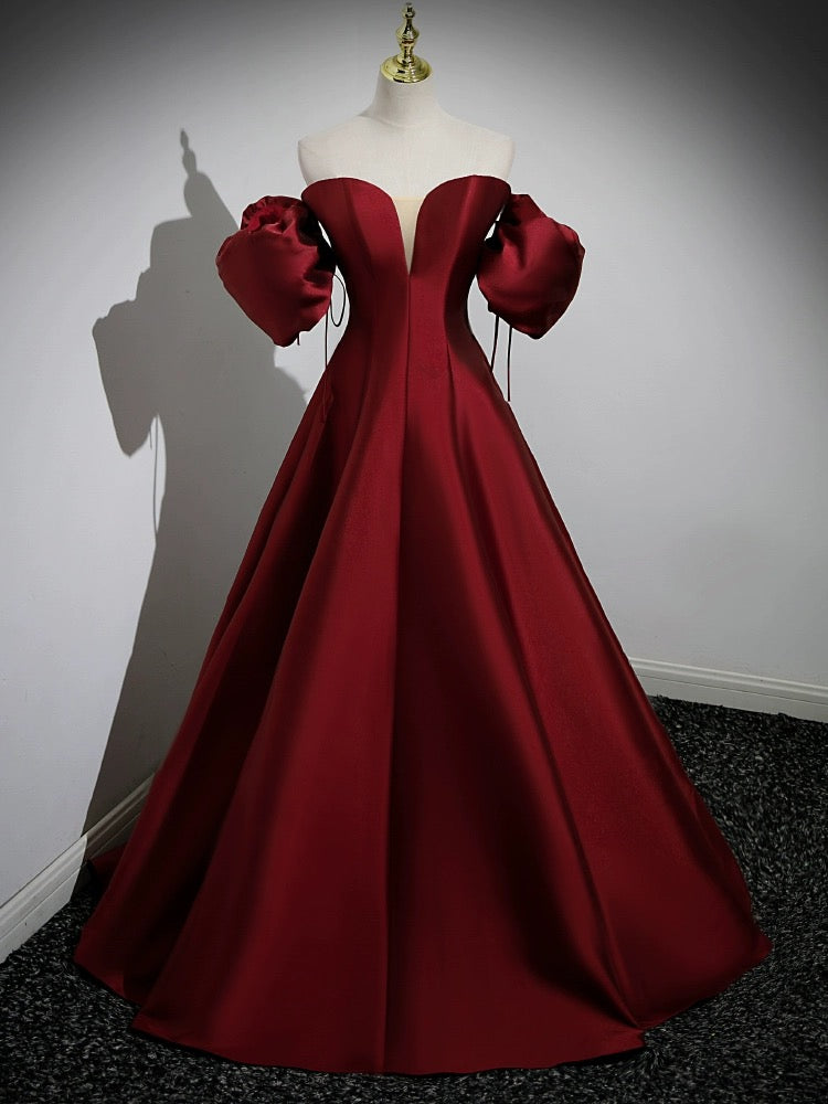 A-Line Puff Sleeves Satin Burgundy Long Prom Dress, Burgundy Long Form dresstby A-Line Puff Sleeves Satin Burgundy Long Prom Dress, Burgundy Long Form dresstby