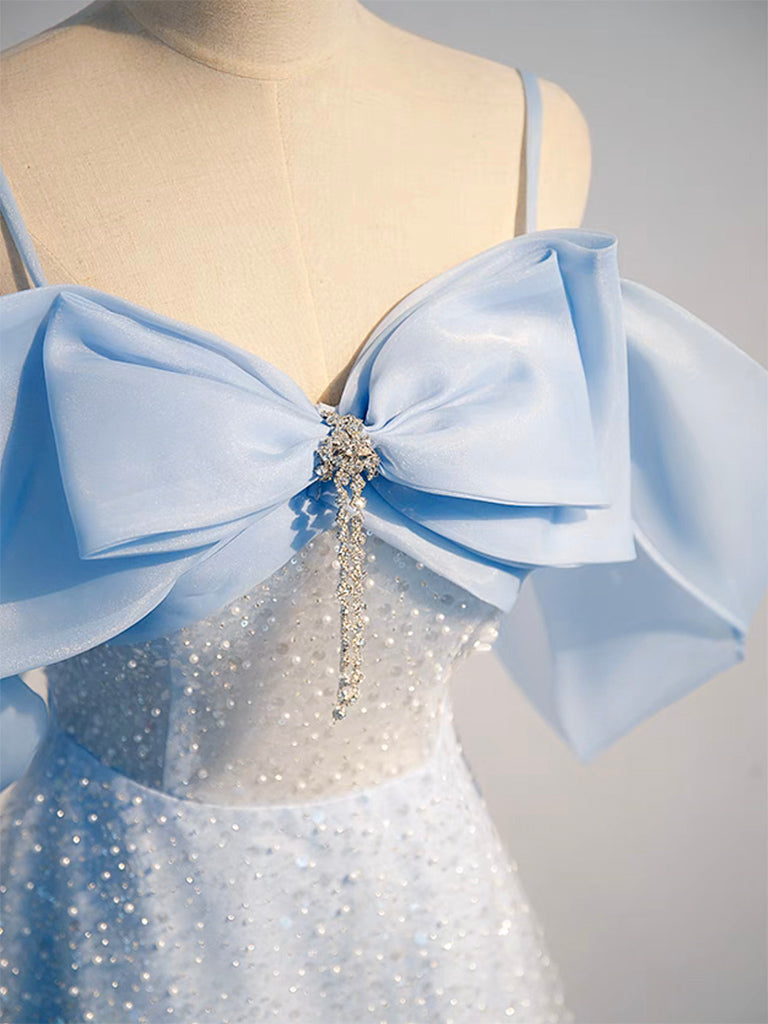 A-Line Tulle Sequin Blue Long Prom Dress, Blue Long Formal Dress