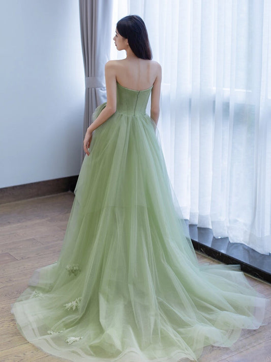 A-Line Tulle Green Long Prom Dress, Green Long Formal Dress