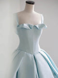 Blue Satin Sweep Train Long Prom Dresses, Blue Satin Evening Dress