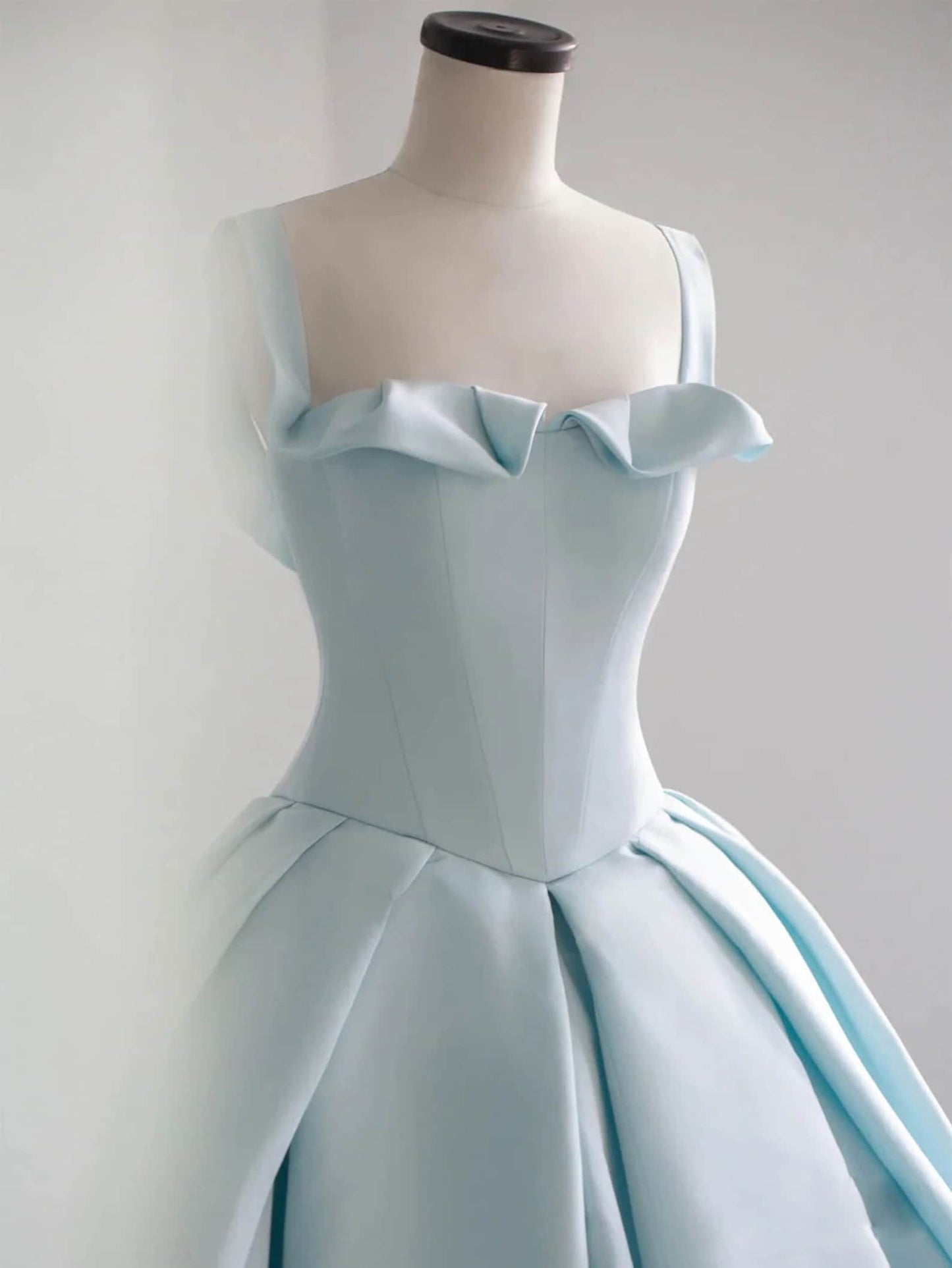 Blue Satin Sweep Train Long Prom Dresses, Blue Satin Evening Dress