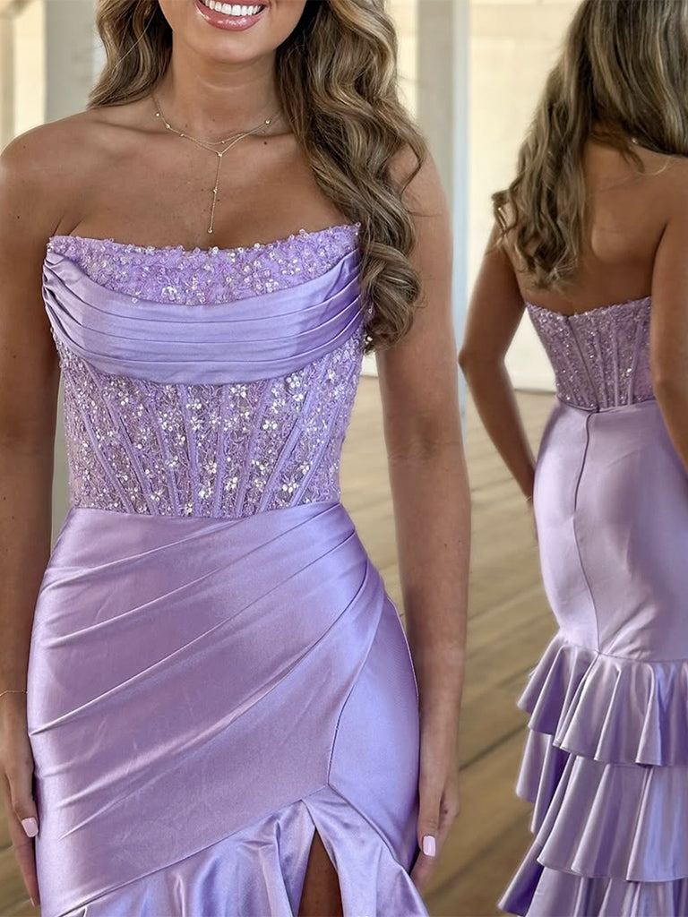 Mermaid Satin Lace Purple Long Prom Dress, Purple Long Evening Dress