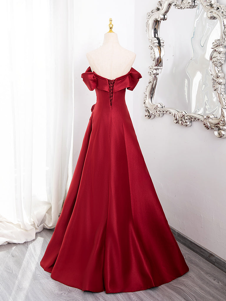A-Line Off Shoulder Satin Burgundy Long Prom Dress