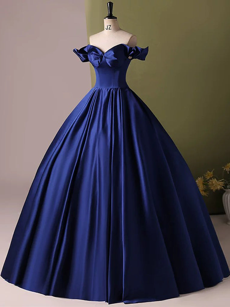 A-Line Off Shoulder Satin Blue Long Prom Dress, Blue Long Formal Dress