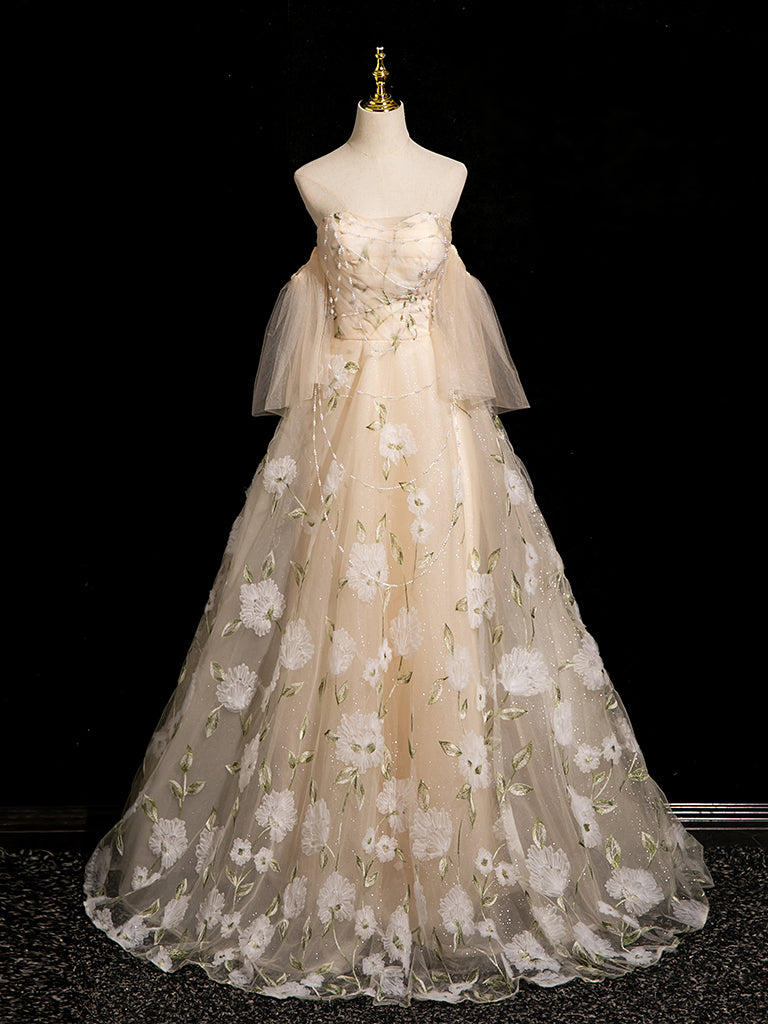 tan prom dress with white lace Elegant V-neck Long Lace Tulle Flowy Princess Prom Dresses For Teens