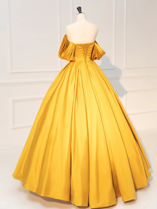 Yellow Off Shoulder Satin Long Prom Dress, Yellow Long Evening Dress