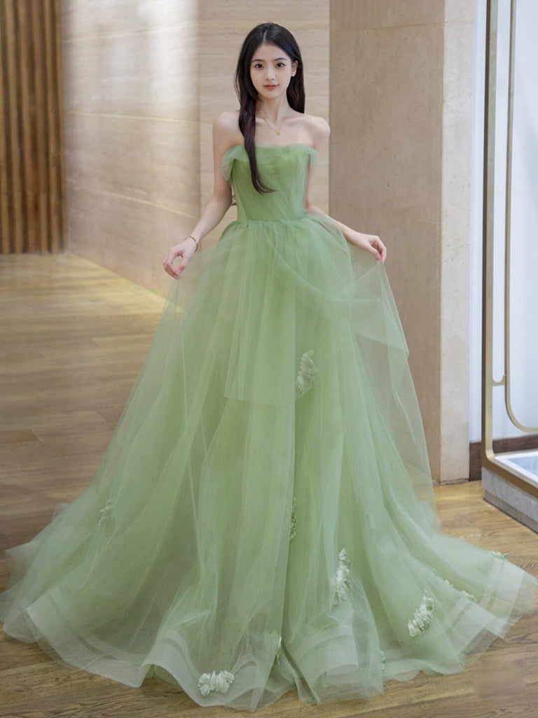 A-Line Tulle Green Long Prom Dress, Green Long Formal Dress dresstby A-Line Tulle Green Long Prom Dress, Green Long Formal Dress dresstby