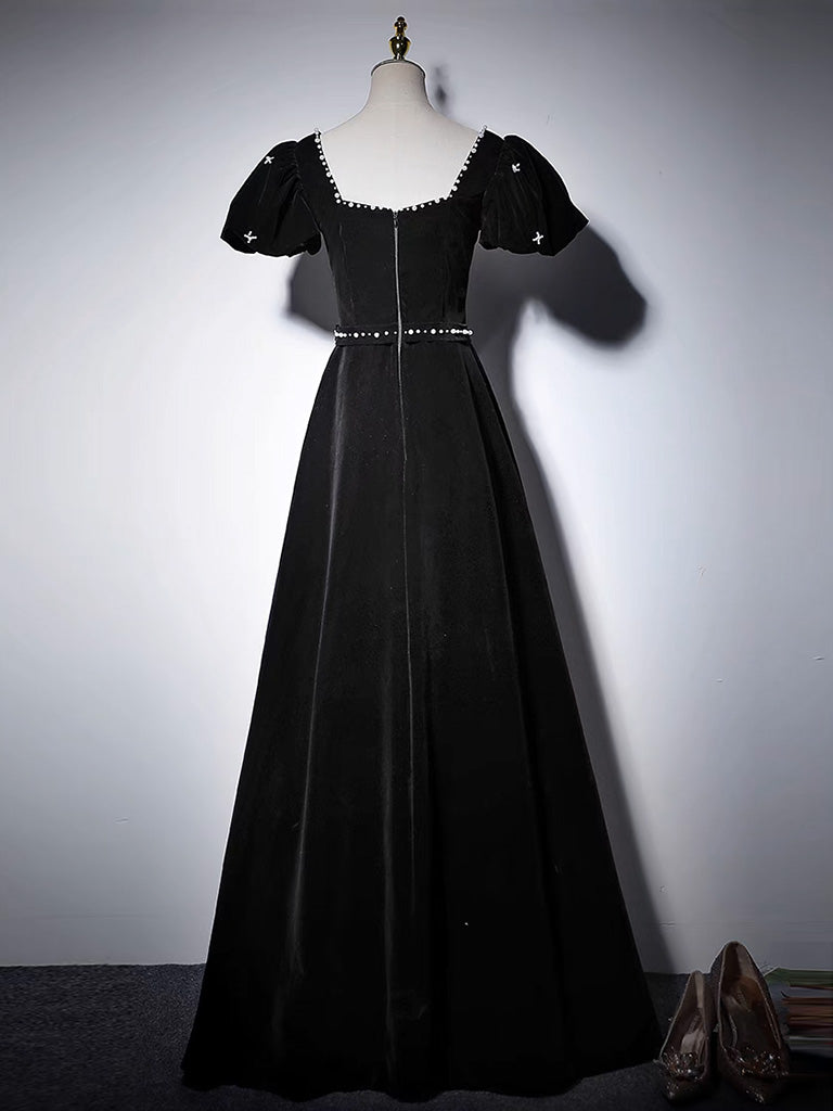 A-Line Velvet Black Long Prom Dress, Black Long Formal Dress