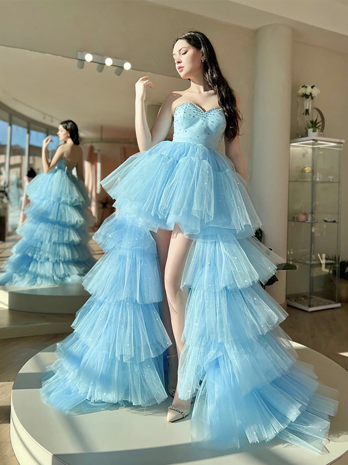 Unique Sweetheart Neck High Low Tulle Blue Prom Dress,Blue Tulle Forma Unique Sweetheart Neck High Low Tulle Blue Prom Dress,Blue Tulle Forma