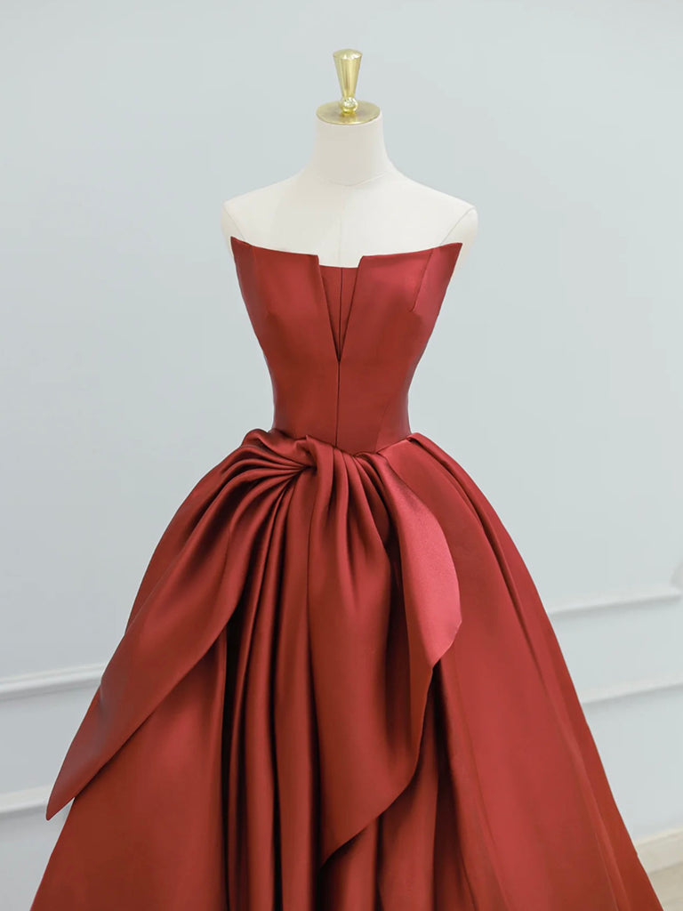 A-Line Satin Burgundy Long Prom Dress, Burgundy Long Formal Dress