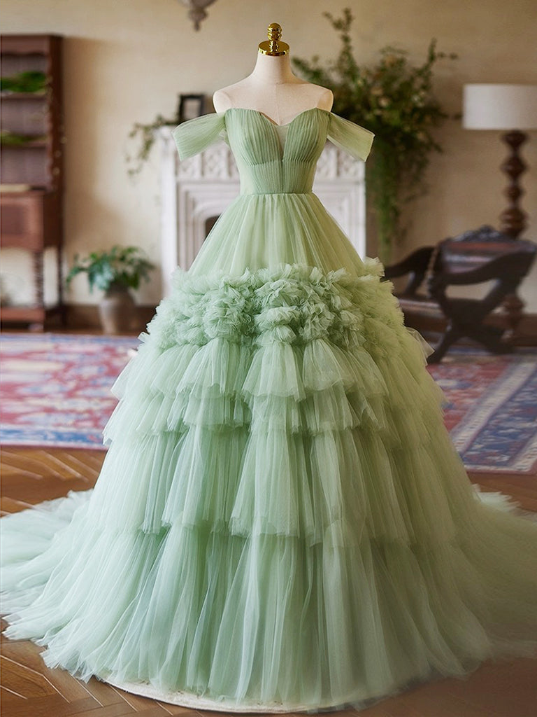 A-Line Off Shoulder Tulle Green Long Prom Dress, Green Long Sweet 16 D dresstby A-Line Off Shoulder Tulle Green Long Prom Dress, Green Long Sweet 16 D dresstby