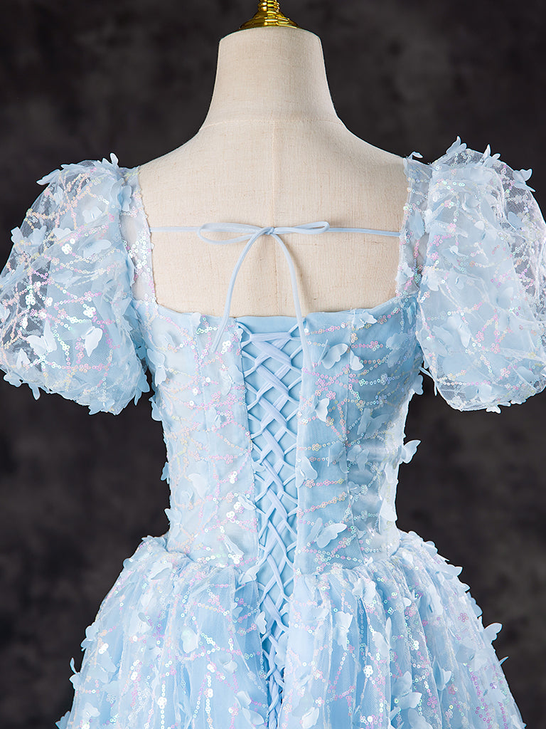A-Line Tulle Sequin Lace Blue Long Prom Dress, Blue Long Formal Dress