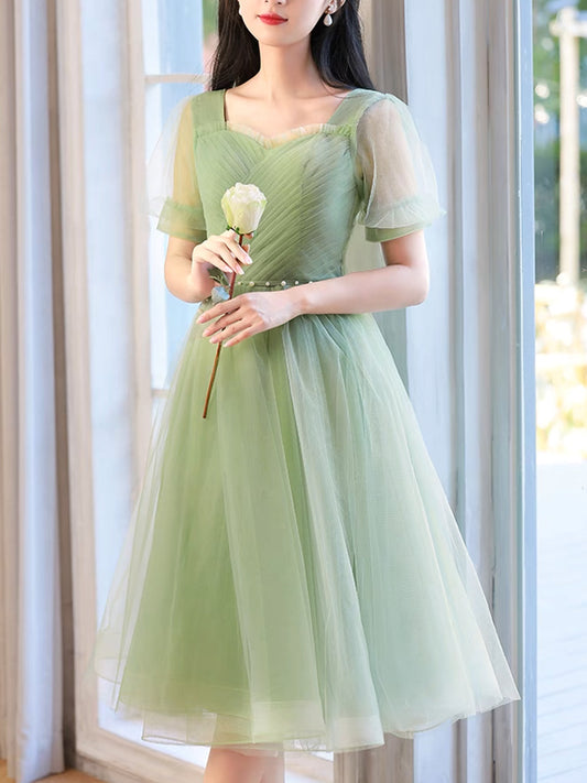 A-Line Green Tulle Short Prom Dress, Green Short Formal Dress
