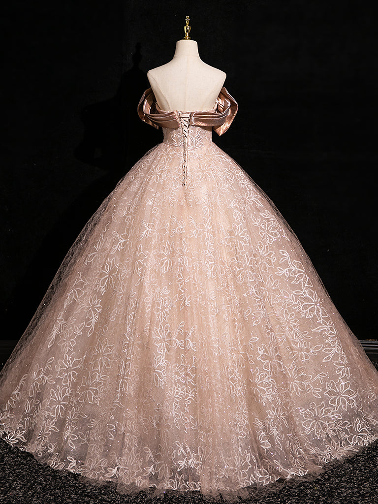 A-Line Off Shoulder Tulle Lace Pink Long Prom Dress, Pink Long Formal Dress