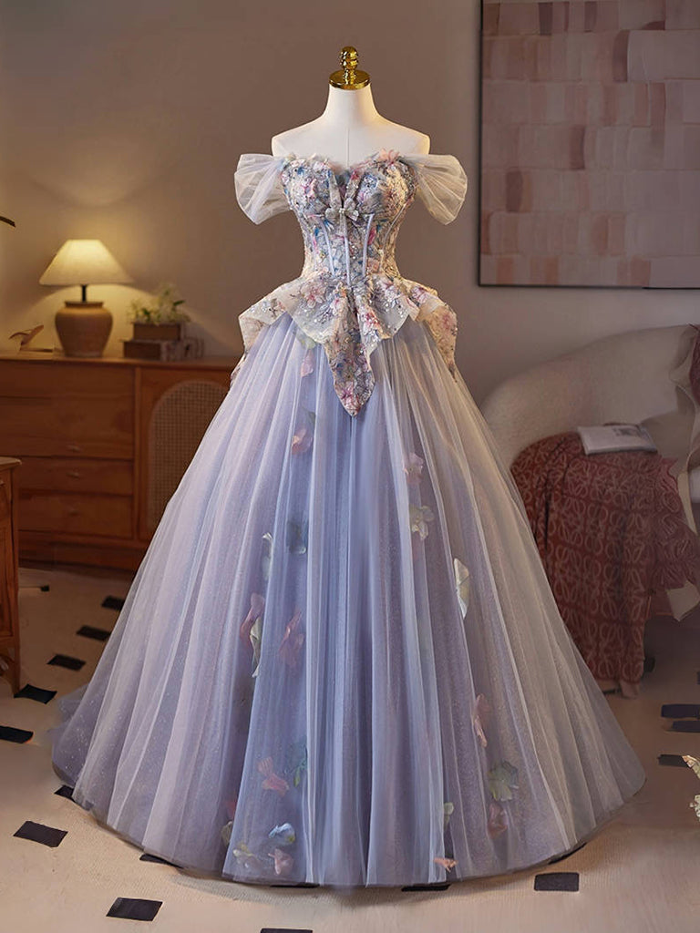 A-Line Off Shoulder Tulle Lace Purple Long Prom Dress, Purple Long Formal Dress