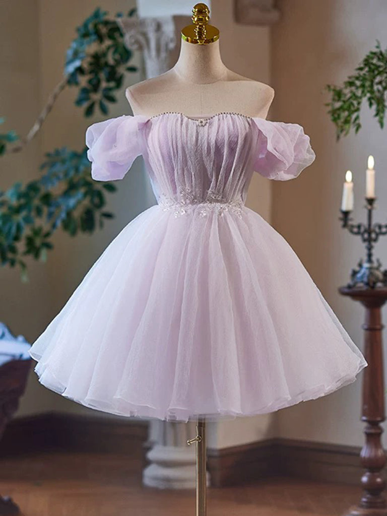 A-Line Sweetheart Neck Tulle Purple Short Prom Dress, Purple Homecomin dresstby A-Line Sweetheart Neck Tulle Purple Short Prom Dress, Purple Homecomin dresstby