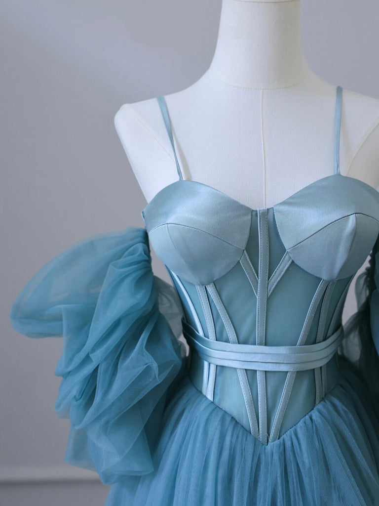 A-Line Sweetheart Neck Tulle Blue Long Prom Dress, Blue Long Formal Dress