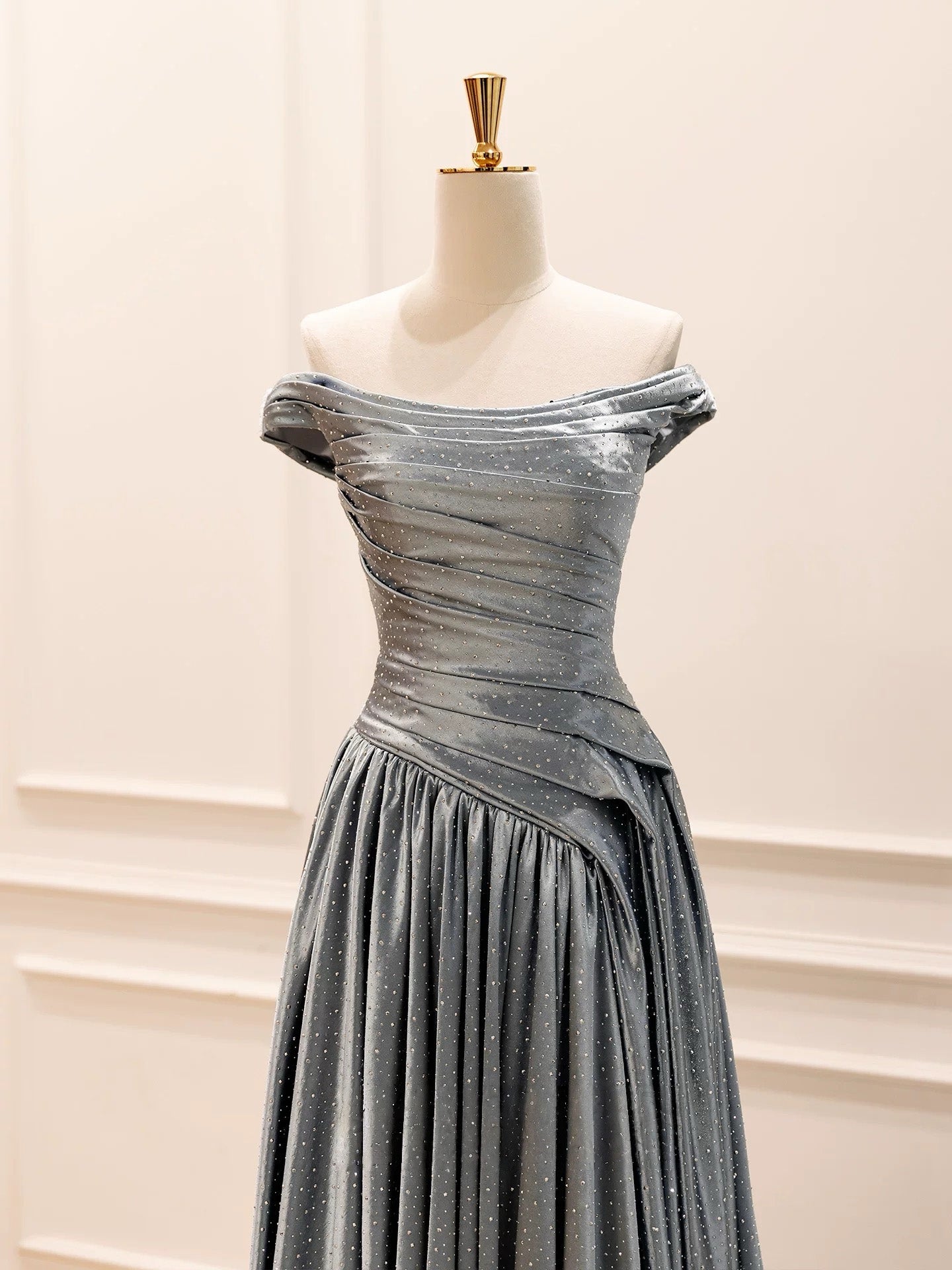 A-Line Off Shoulder Satin Beads Gray Long Prom Dress