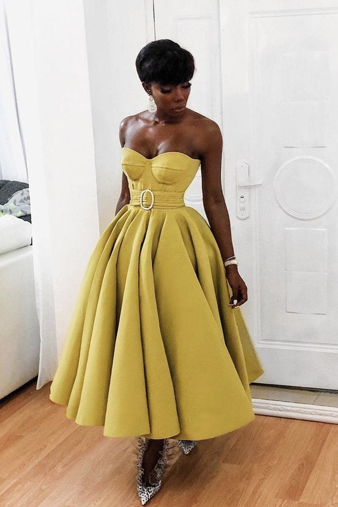 Yellow sweetheart neck satin tea length prom dress, yellow evening dre Yellow sweetheart neck satin tea length prom dress, yellow evening dre