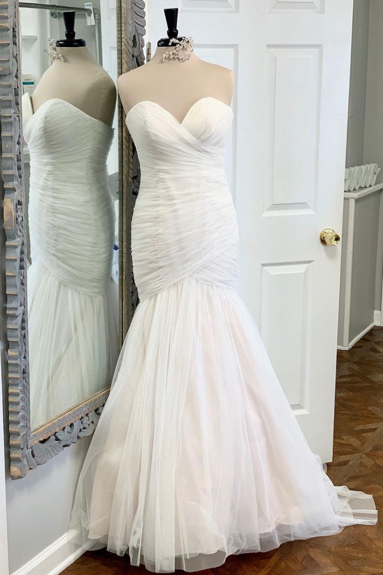 White tulle mermaid long prom dress white tulle evening dress