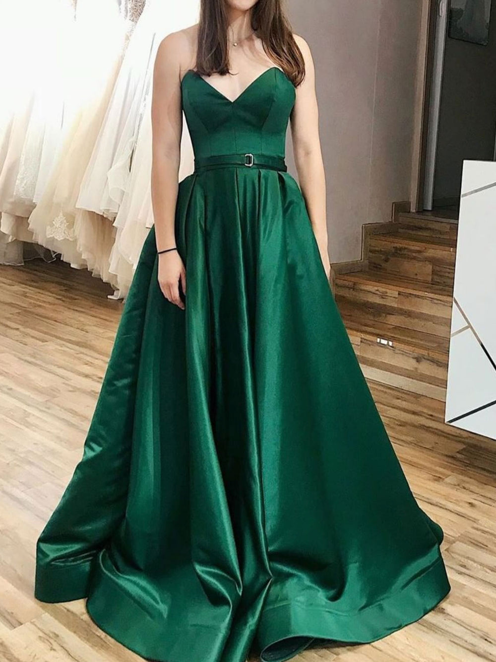 Simple A line satin long prom dress, satin evening dress