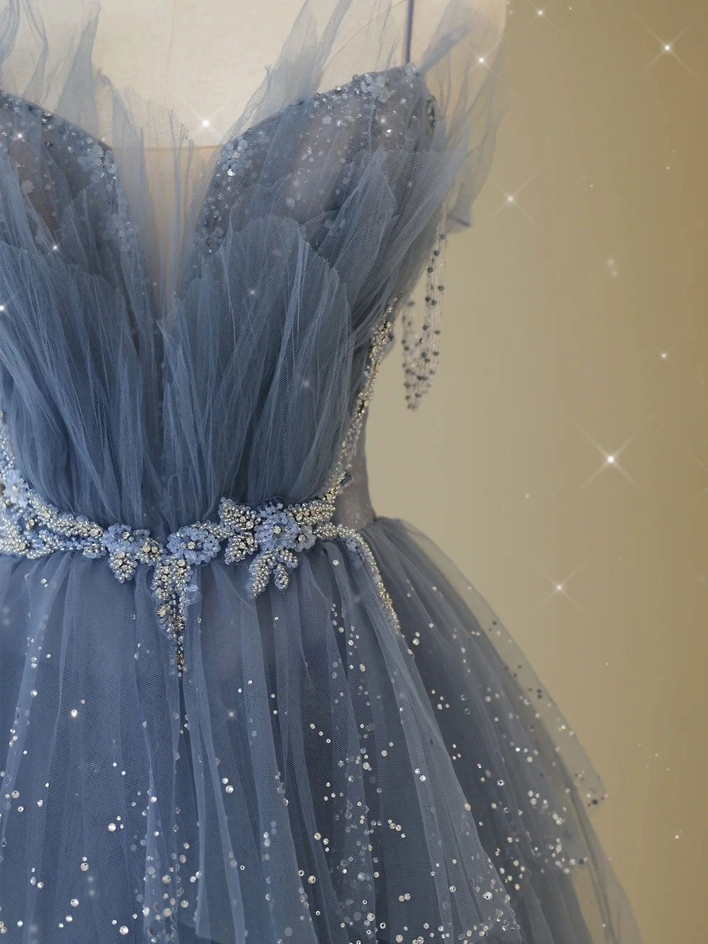 Gray blue tulle sequin beads long prom dress, blue evening dress