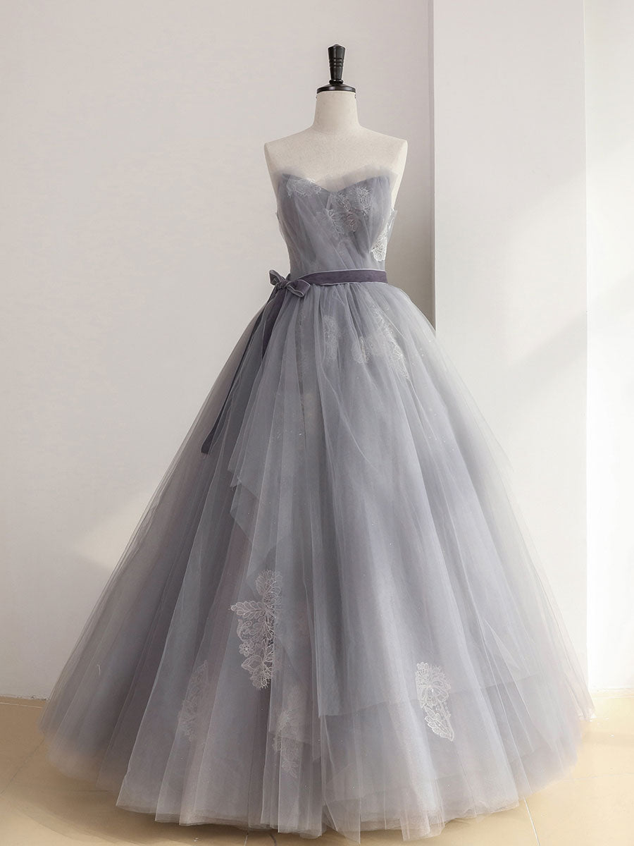 Gray tulle lace long prom dress, gray sweet 16 dress dresstby Gray tulle lace long prom dress, gray sweet 16 dress dresstby