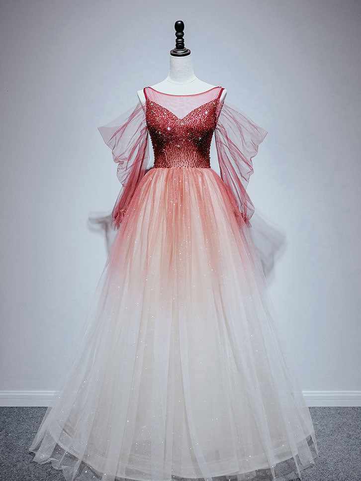 Burgundy round neck tulle beads long prom dress, burgundy evening dres dresstby Burgundy round neck tulle beads long prom dress, burgundy evening dres dresstby
