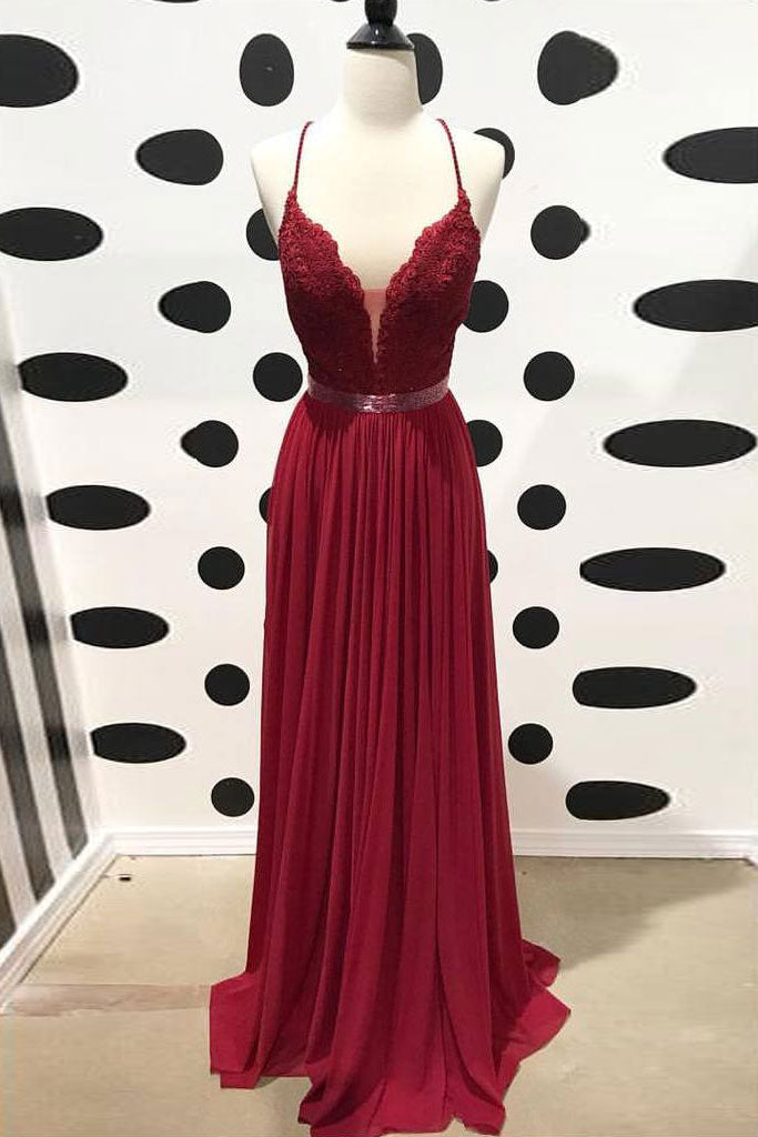 Burgundy v neck lace chiffon long prom dress, burgundy bridesmaid dres dresstby Burgundy v neck lace chiffon long prom dress, burgundy bridesmaid dres dresstby