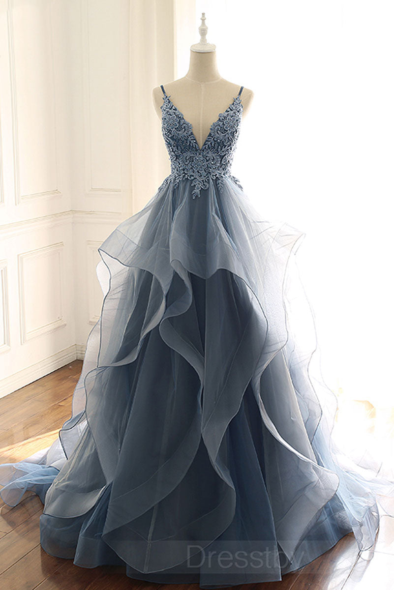 Gray blue tulle lace long prom dress, blue evening dress dresstby Gray blue tulle lace long prom dress, blue evening dress dresstby