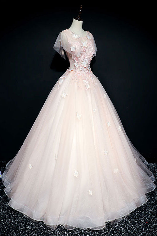 Pink round neck tulle lace long prom dress, pink tulle formal dress