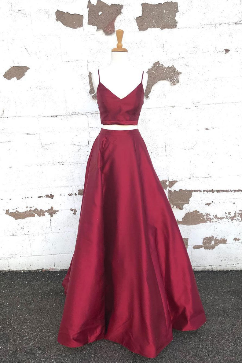 Simple two pieces satin long prom dress, burgundy evening dress dresstby Simple two pieces satin long prom dress, burgundy evening dress dresstby