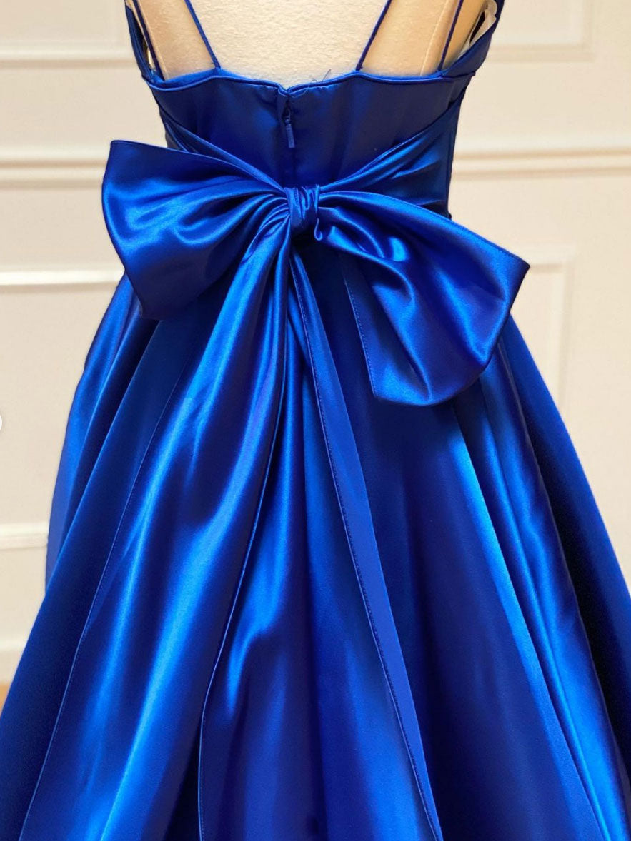 Blue v neck satin long prom dress, blue evening dress