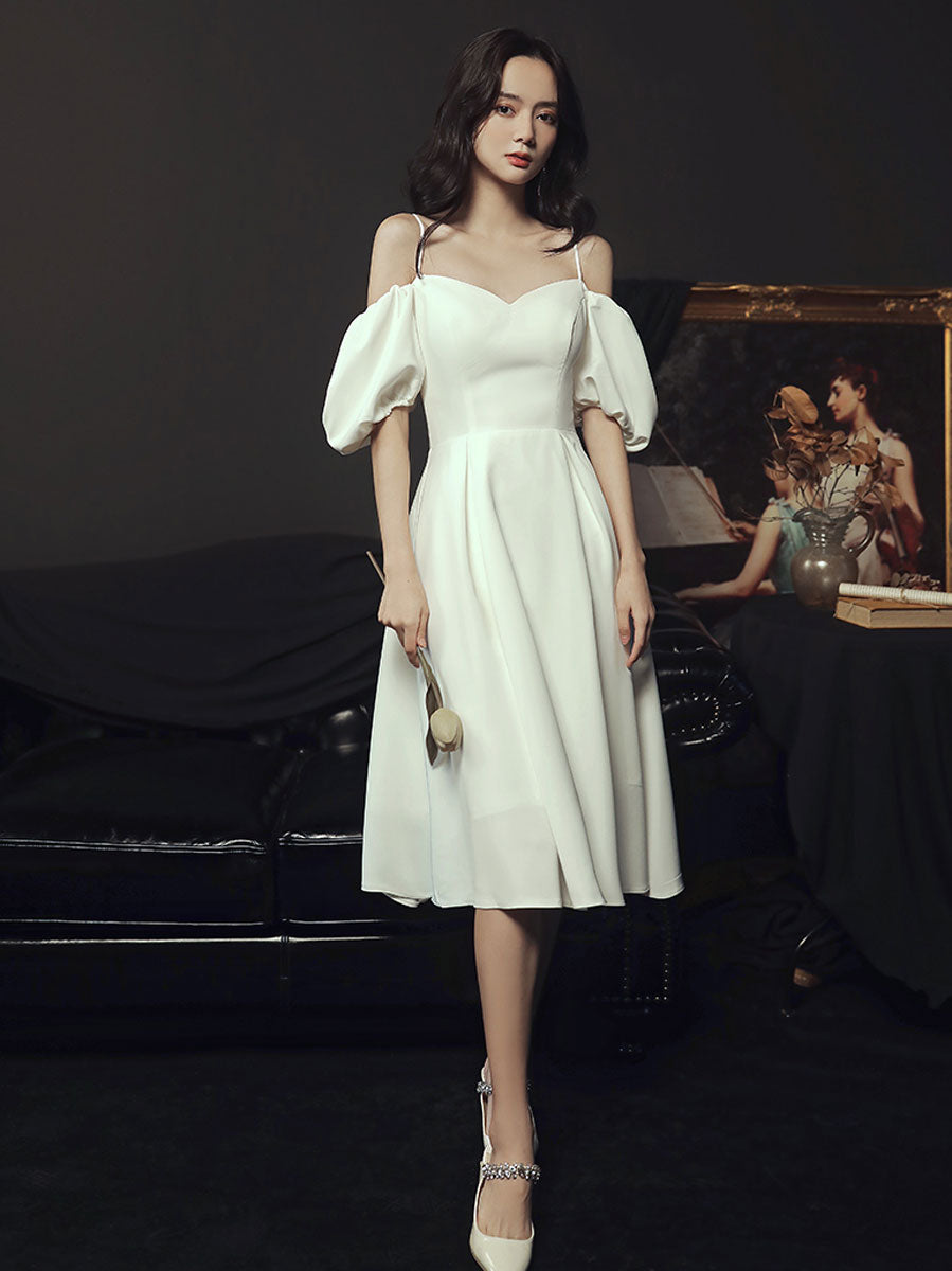 Simple white sweetheart neck short prom dress, white bridesmaid dress