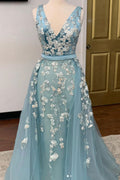 Unique v neck tulle lace long prom dress, tulle lace evening dress