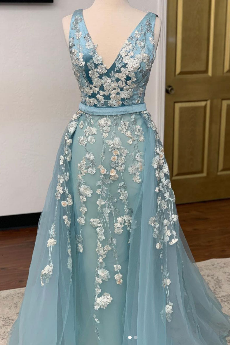 Unique v neck tulle lace long prom dress, tulle lace evening dress