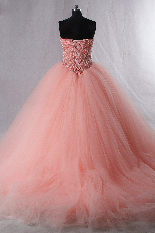 Pink sweetheart neck tulle beads long prom dress, pink evening dress
