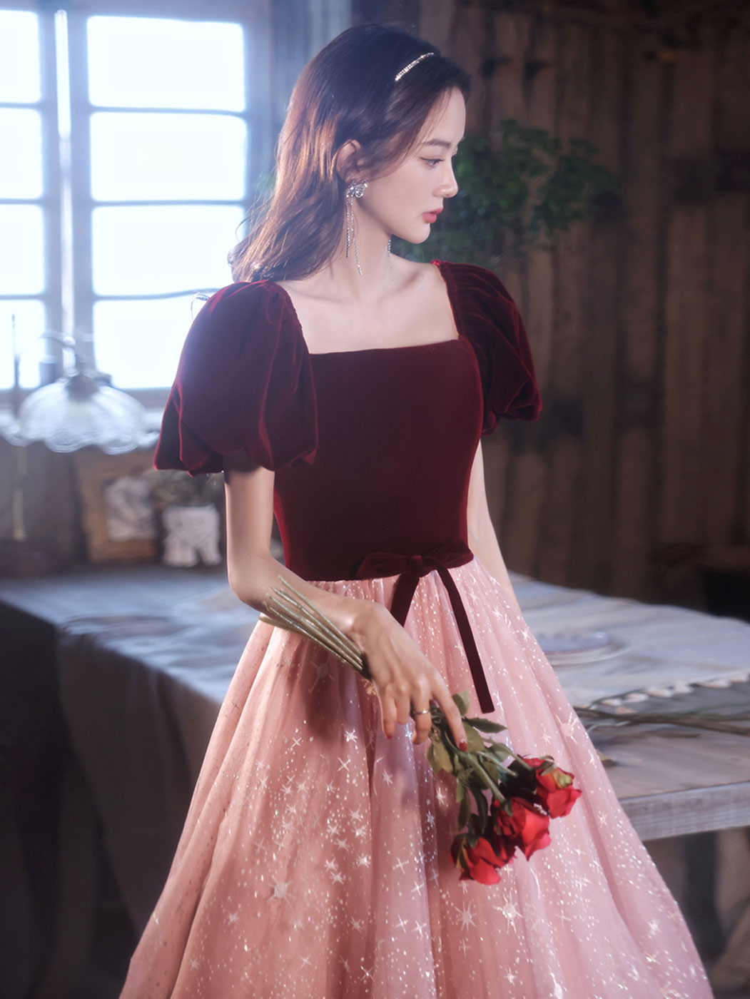Pink A line tulle long prom dress, pink tulle long evening dress