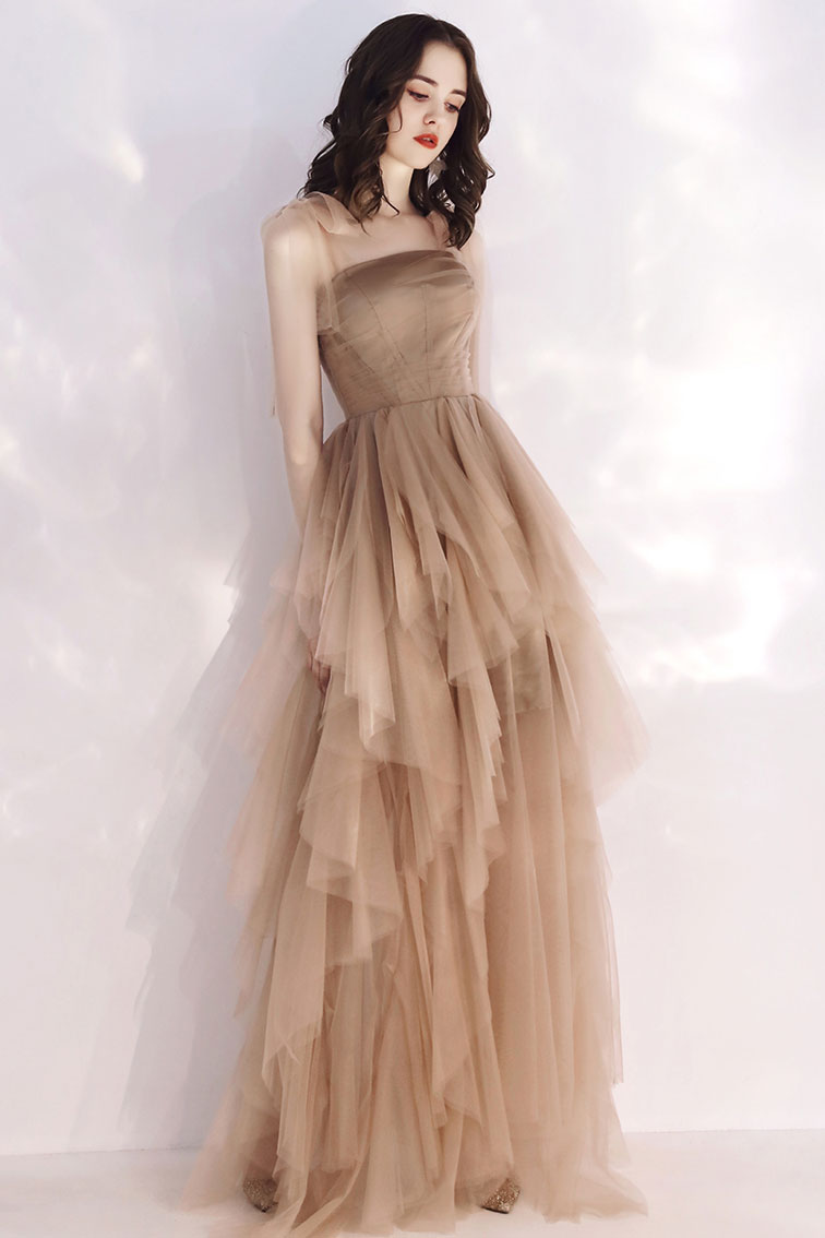 Champagne tulle long prom dress tulle formal dress