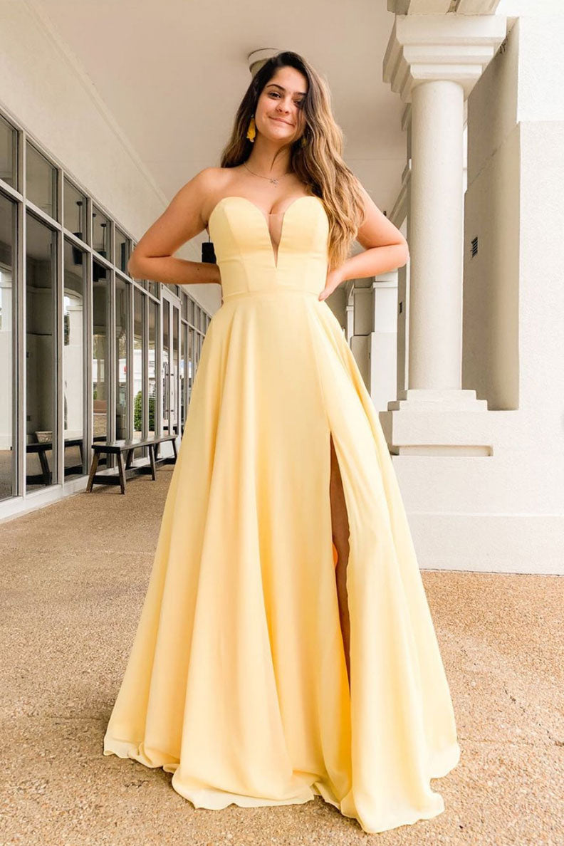 Simple yellow satin long prom dress yellow formal dress – dresstby Simple yellow satin long prom dress yellow formal dress – dresstby
